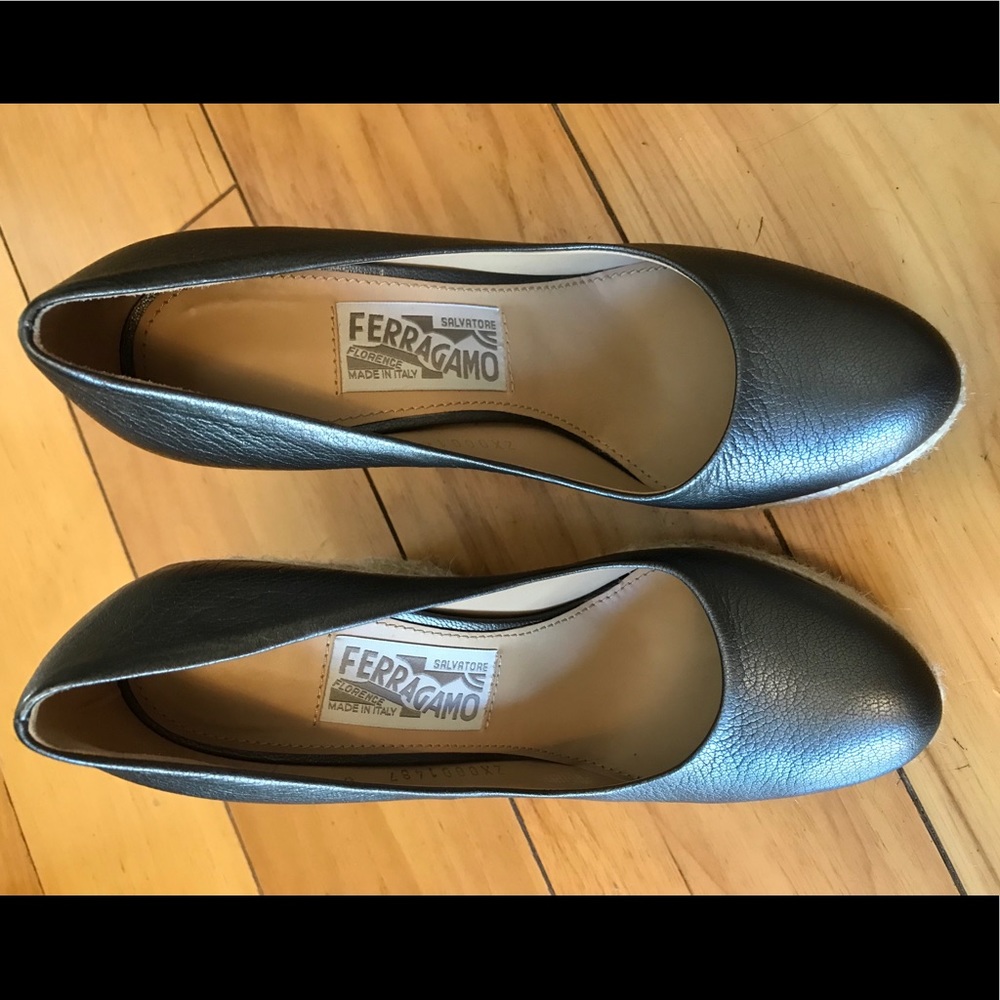 Ferragamo Metallic Leather Espadrille Wedge Pumps